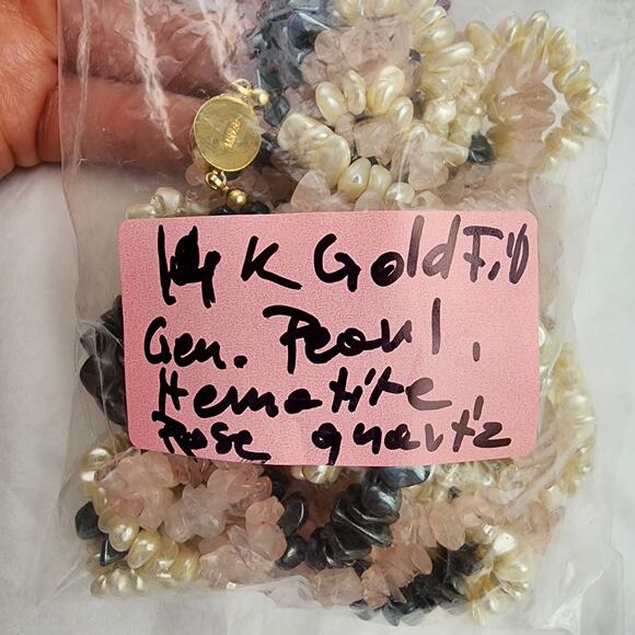 Pearl Rose Quartz Pink Hematite Necklace Choker beaded 14K Yellow Gold Filled - Picture 3 of 6